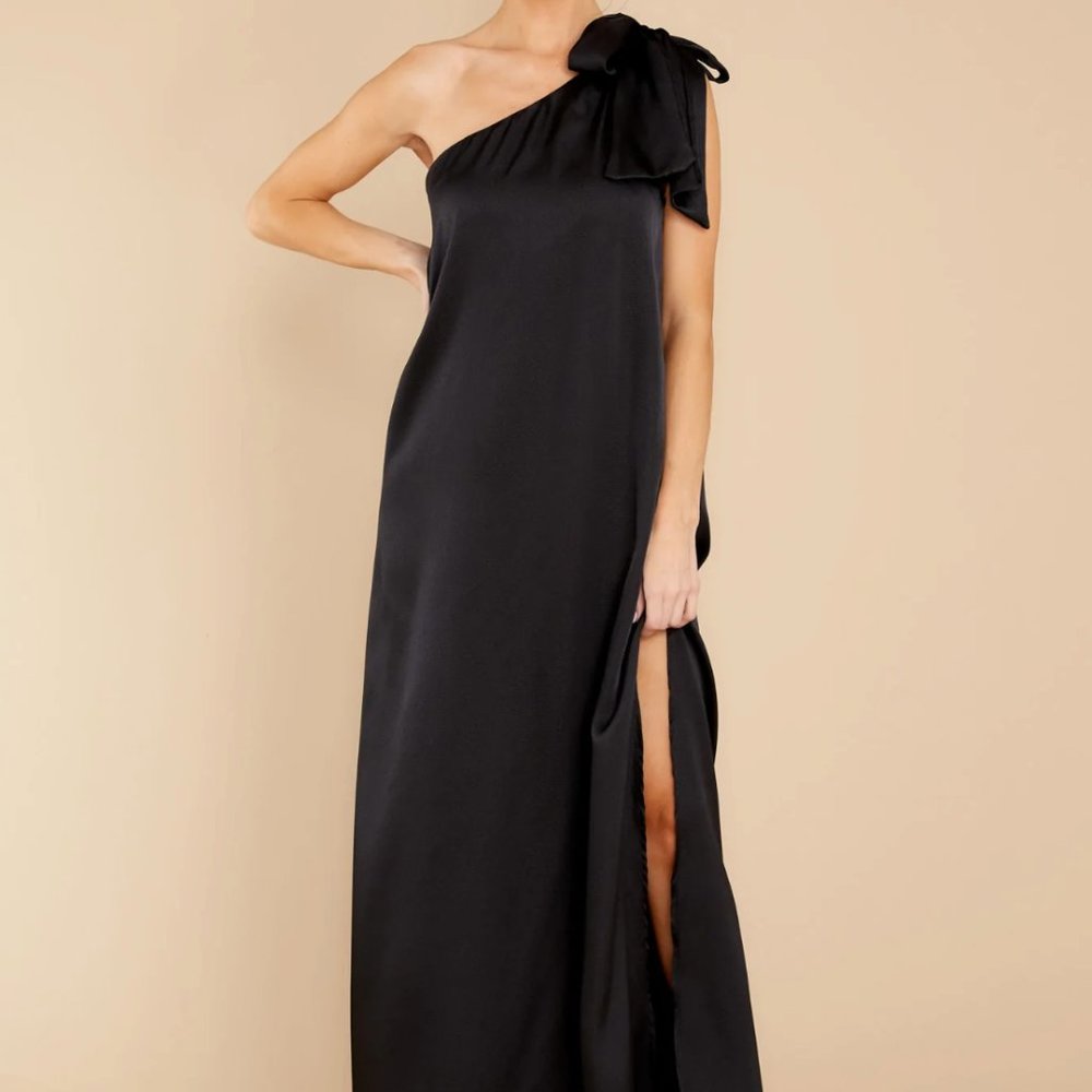 Black Maxi Satin Dress One Shoulder Bow Size M